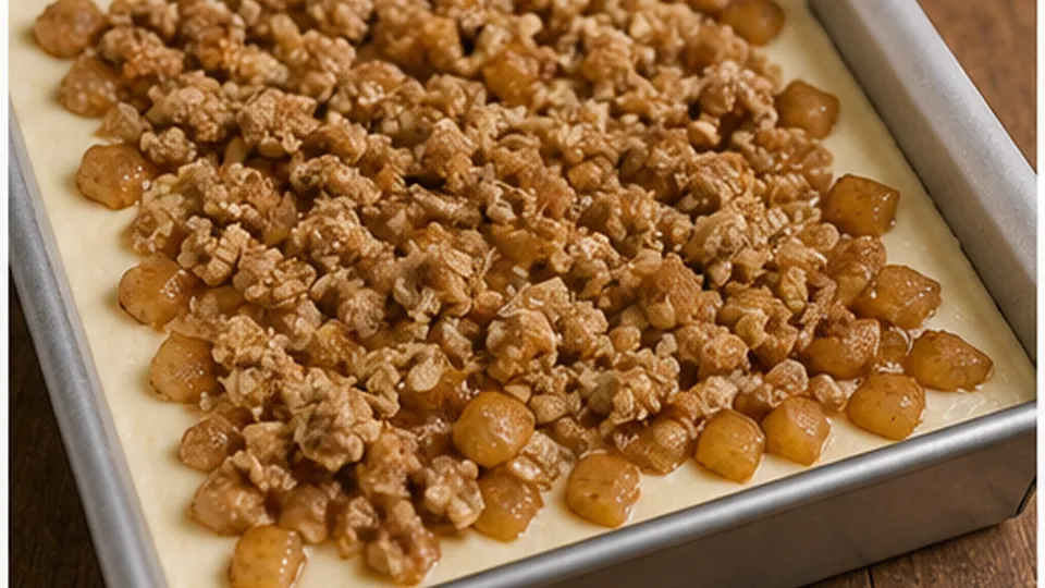 Layer filling, apples, crumble for Apple Cinnamon Cheesecake Bars