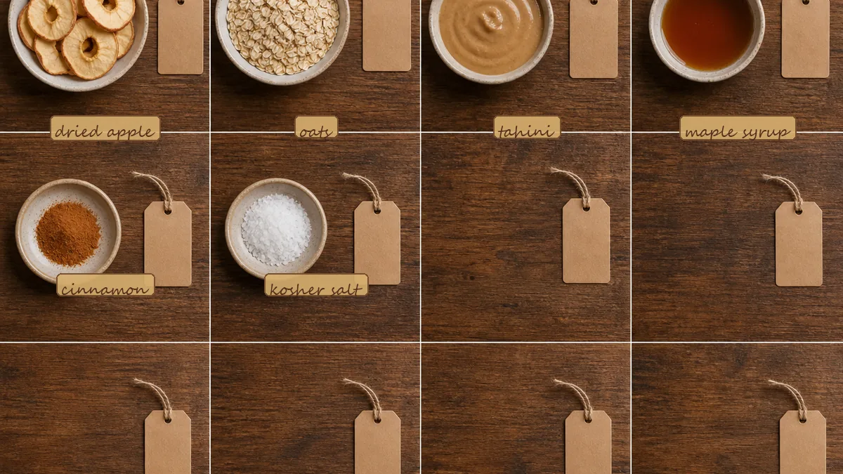 All ingredients for Apple Tahini Cinnamon Snack Balls, labeled