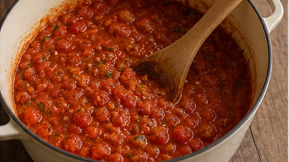 Build a deep tomato base for Baked Cottage Cheese Pasta with Spinach