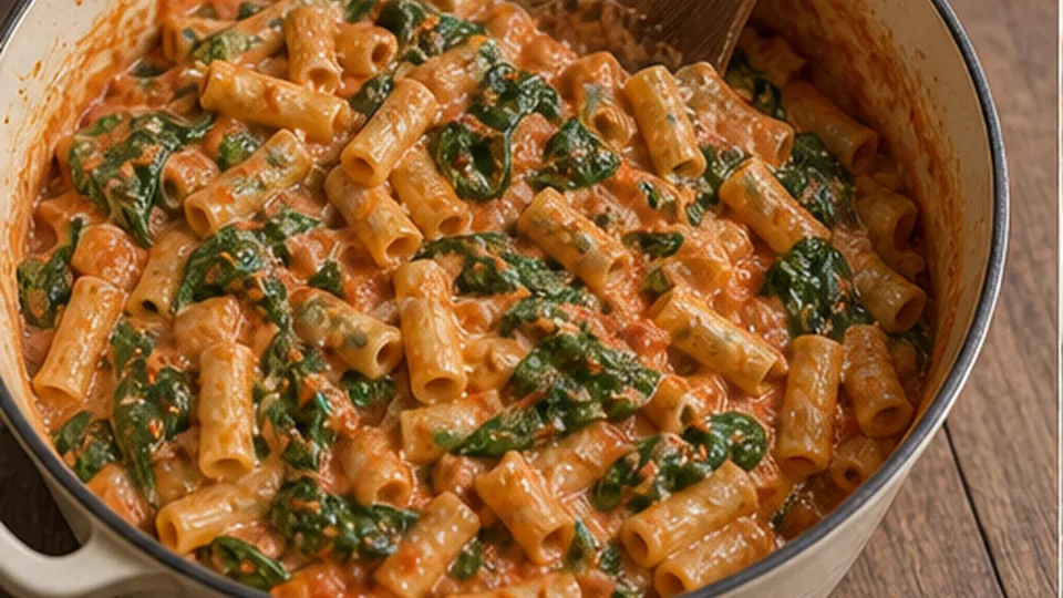 Fold pasta, sauce, and spinach for Baked Cottage Cheese Pasta with Spinach