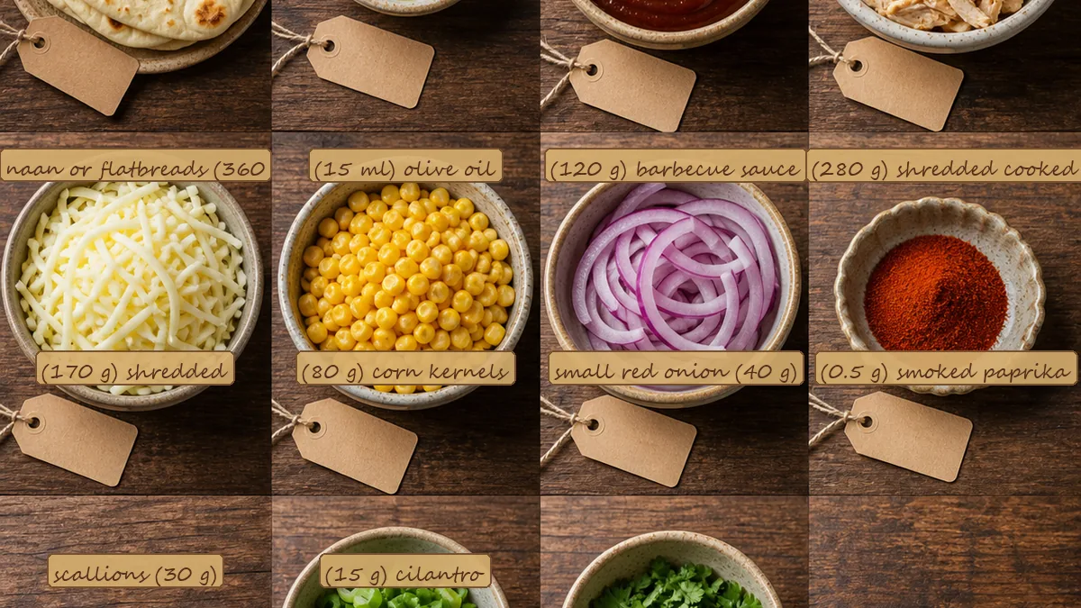 All ingredients for BBQ Chicken Flatbread Pizzas, labeled