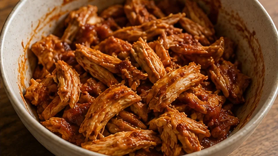 Dress the shredded chicken for BBQ Chicken Flatbread Pizzas