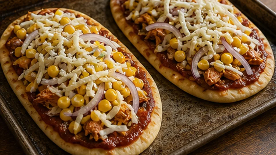 Build the four flatbreads for BBQ Chicken Flatbread Pizzas