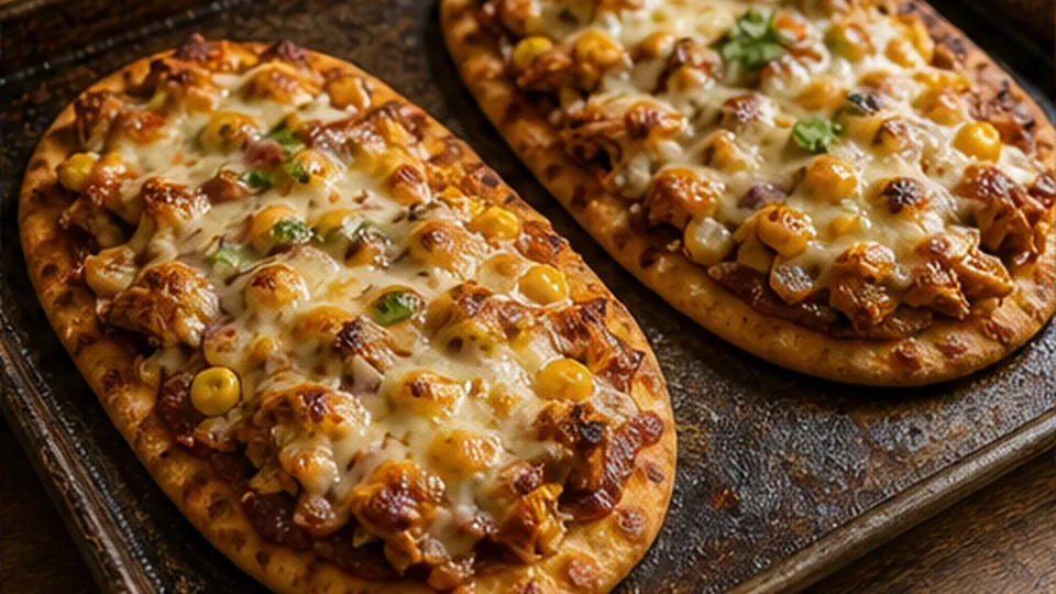 Bake until cheese bubbles for BBQ Chicken Flatbread Pizzas