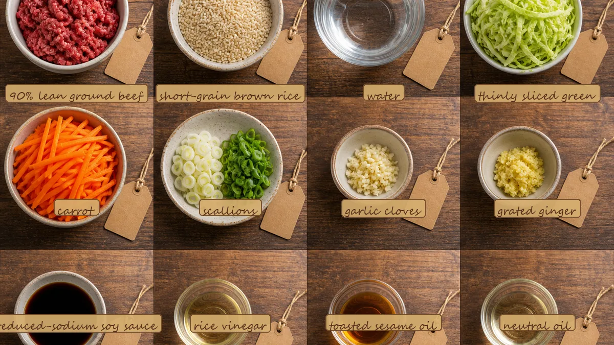 All ingredients for Beef Cabbage Rice Bowls, labeled