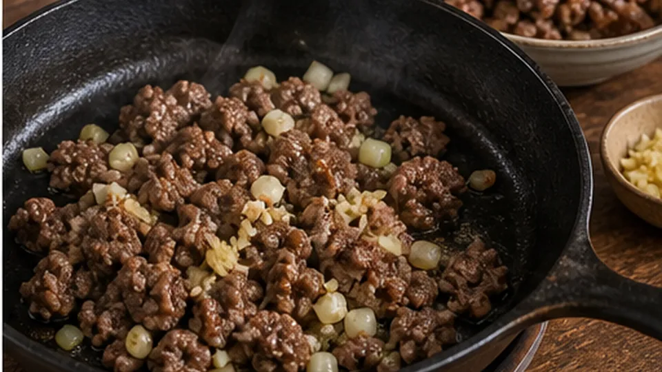 Brown beef with aromatics for Beef Cabbage Rice Bowls