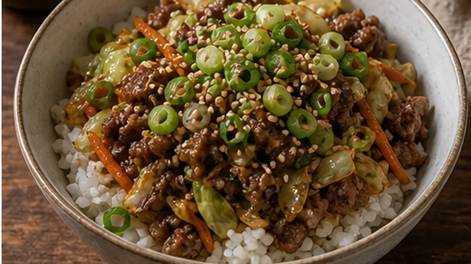 Assemble the finished bowls for Beef Cabbage Rice Bowls