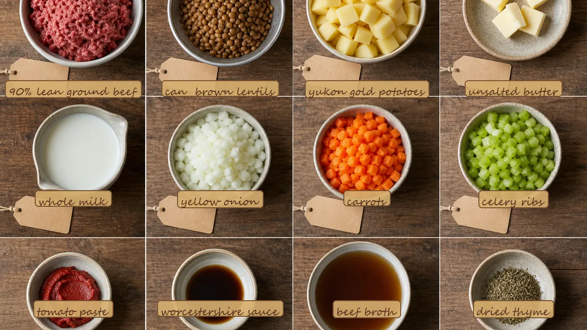 All ingredients for Beef Lentil Cottage Pie, labeled