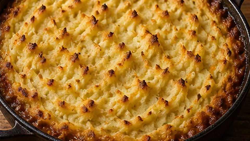 Bake and rest the pie for Beef Lentil Cottage Pie