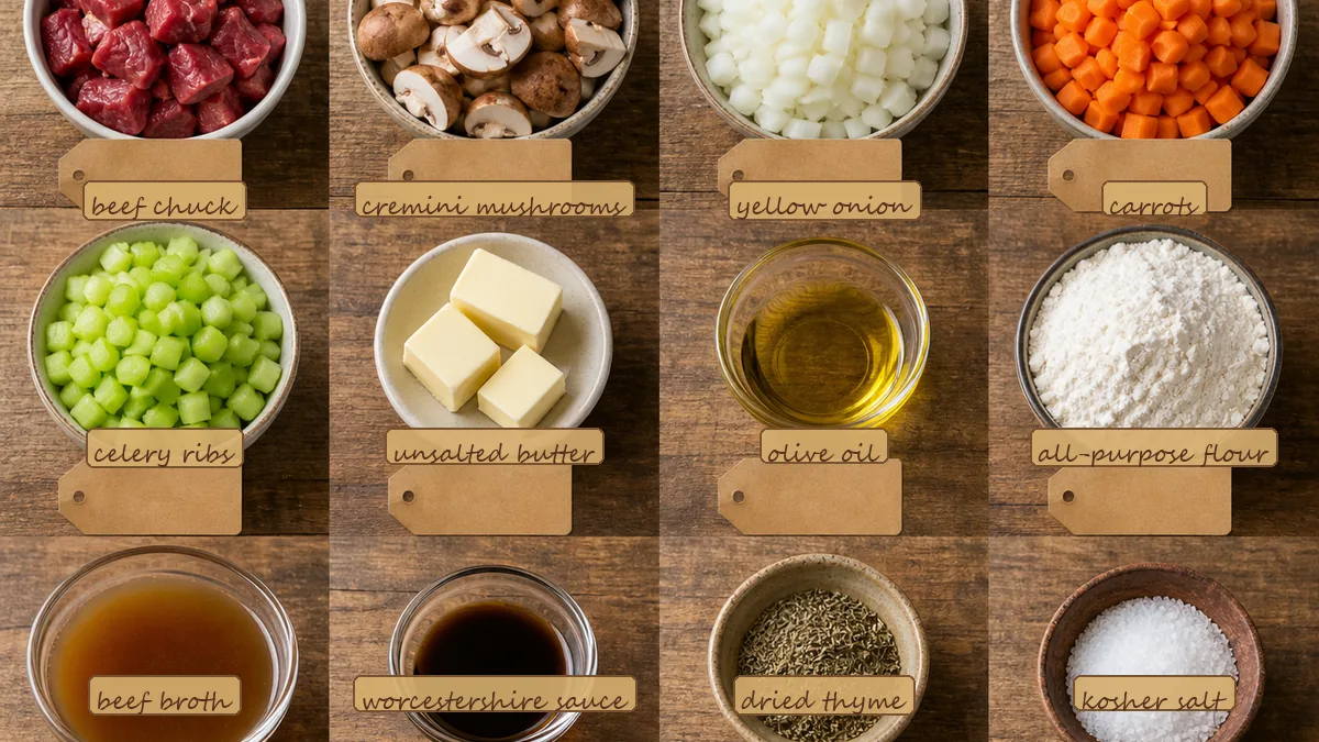All ingredients for Beef Mushroom Pot Pie, labeled