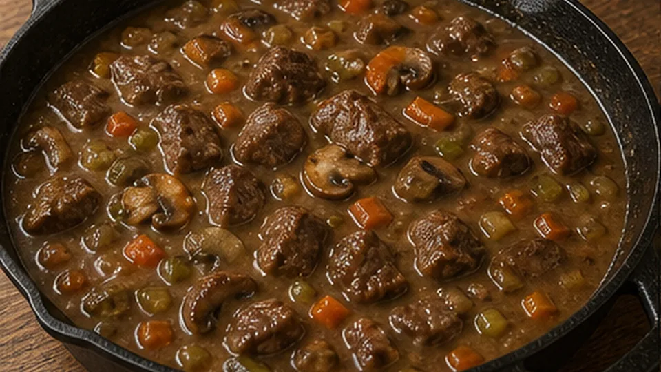 Build and braise the gravy for Beef Mushroom Pot Pie