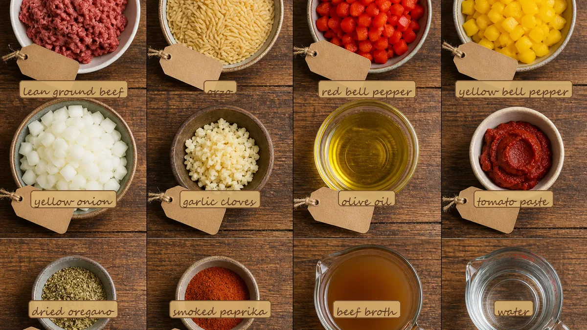 All ingredients for Beef Pepper Orzo Skillet, labeled