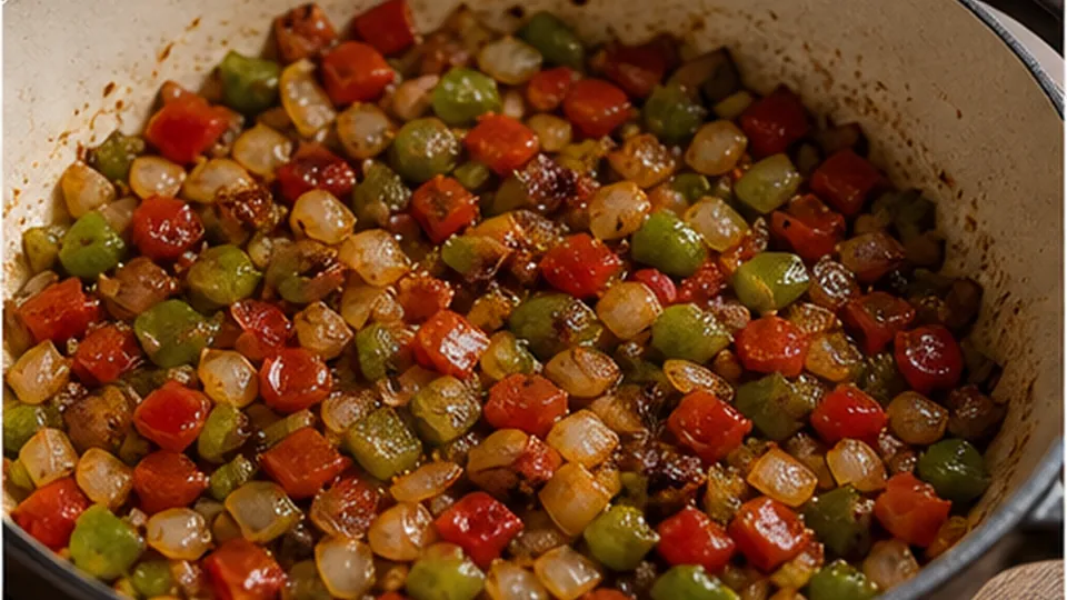Soften peppers and onion for Beef Pepper Orzo Skillet