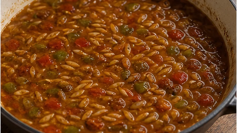 Simmer until orzo is tender for Beef Pepper Orzo Skillet