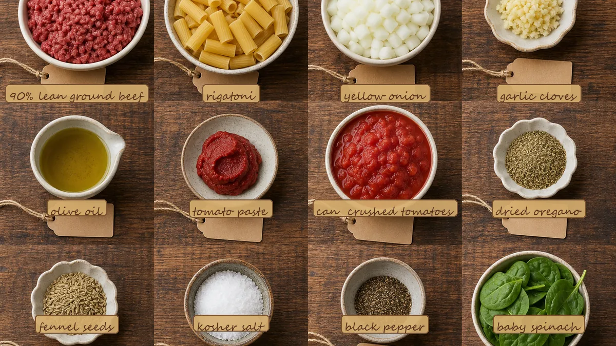 All ingredients for Beef Spinach Rigatoni Bake, labeled