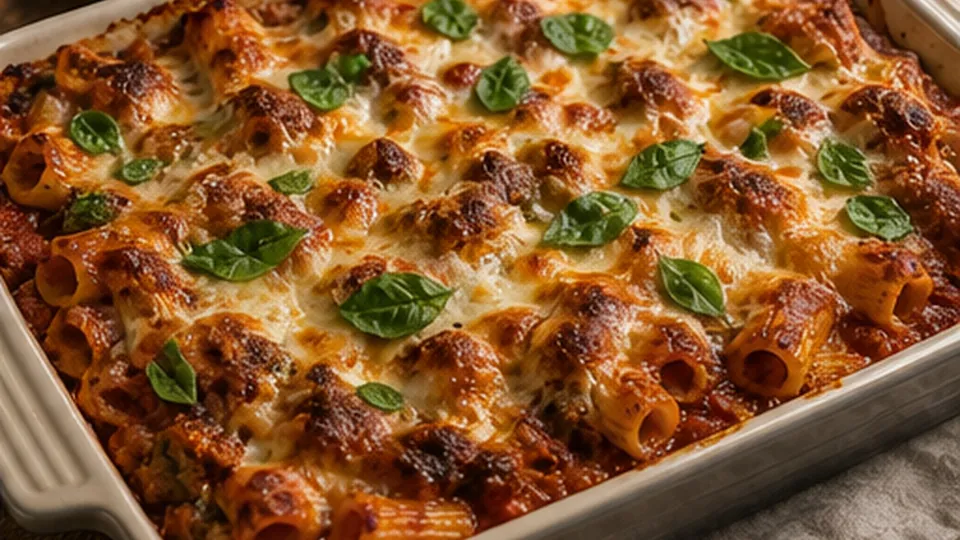 Bake, broil, and rest for Beef Spinach Rigatoni Bake