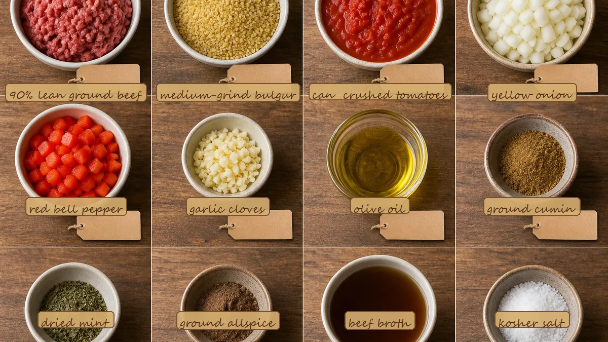 All ingredients for Beef Tomato Bulgur Skillet, labeled