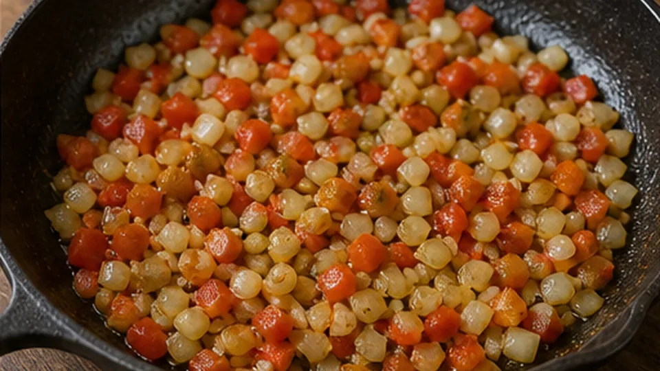 Soften onion and pepper for Beef Tomato Bulgur Skillet