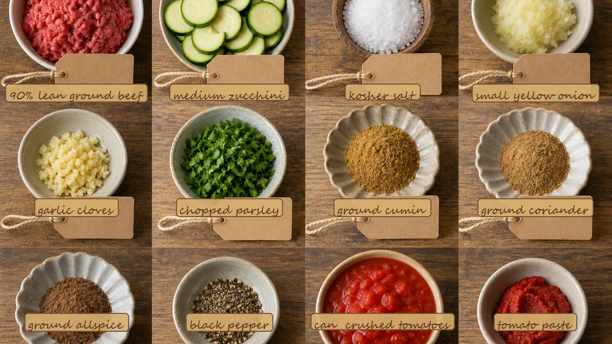 All ingredients for Beef Zucchini Kofta Bake, labeled