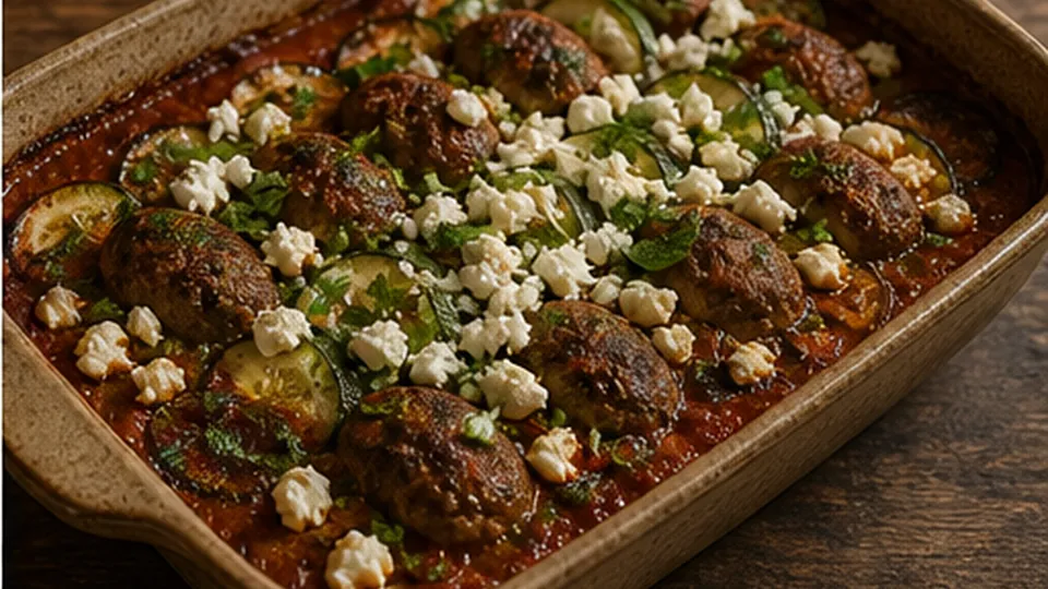 Rest, then add feta for Beef Zucchini Kofta Bake
