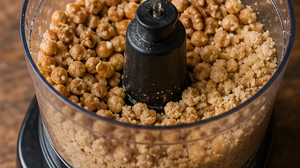 Grind chickpeas and walnuts for Beet Walnut Hummus