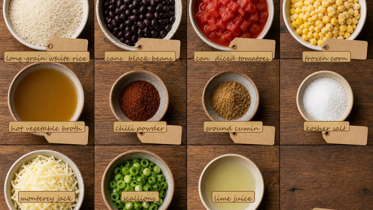 All ingredients for Black Bean Corn Rice Bake, labeled
