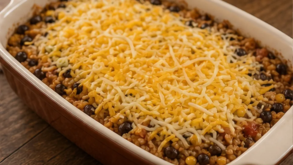 Uncover and melt cheese for Black Bean Corn Rice Bake
