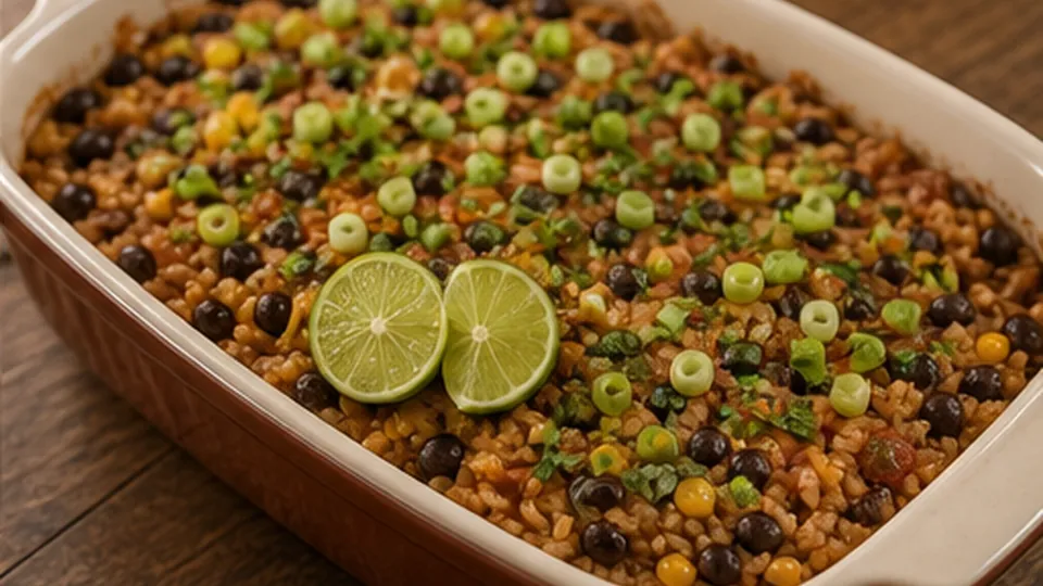 Finish with lime and scallions for Black Bean Corn Rice Bake