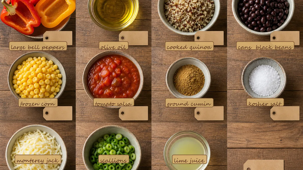 All ingredients for Black Bean Quinoa Stuffed Peppers, labeled