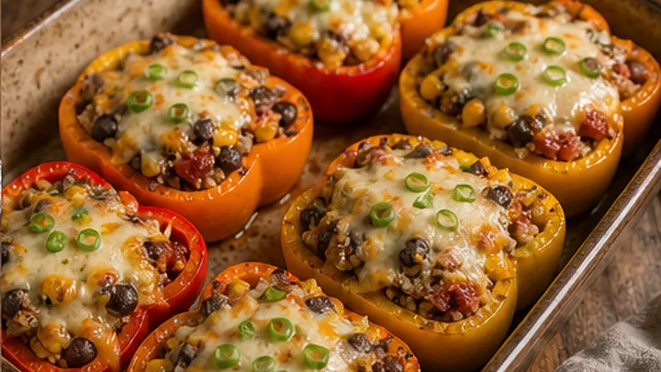 Uncover and melt the cheese for Black Bean Quinoa Stuffed Peppers