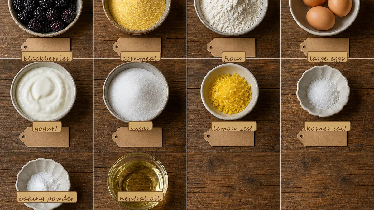All ingredients for Blackberry Cornmeal Upside-Down Cake, labeled