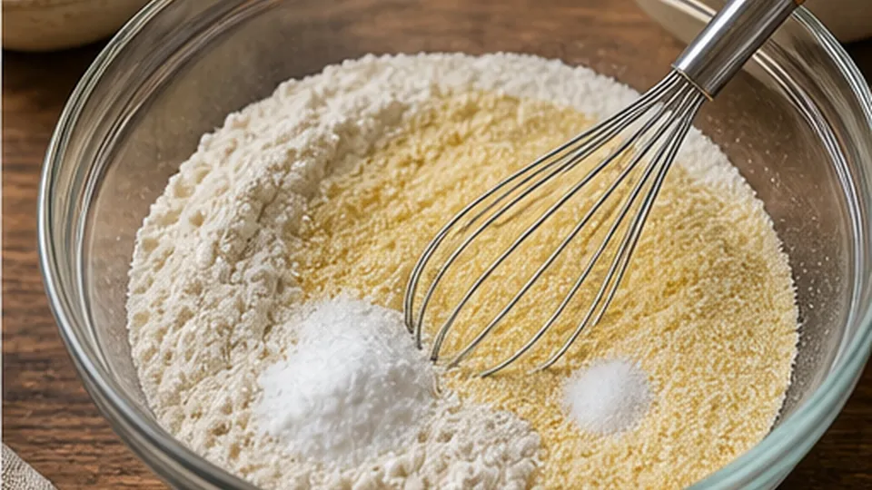 Whisk the dry mixture for Blackberry Cornmeal Upside-Down Cake