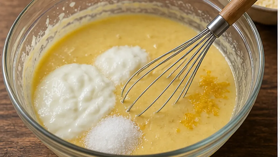 Mix wet and fold together for Blackberry Cornmeal Upside-Down Cake