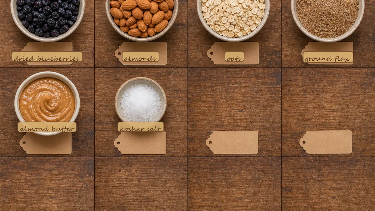 All ingredients for Blueberry Almond Flax Bites, labeled