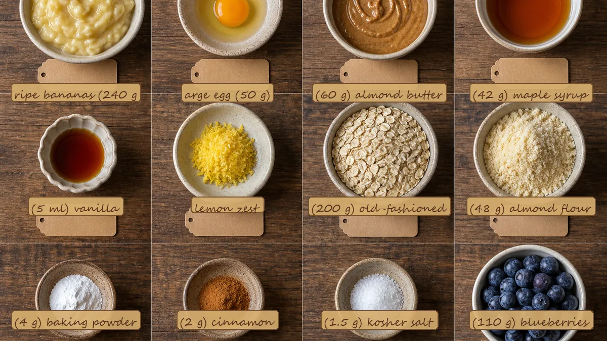 All ingredients for Blueberry Lemon Breakfast Cookies, labeled