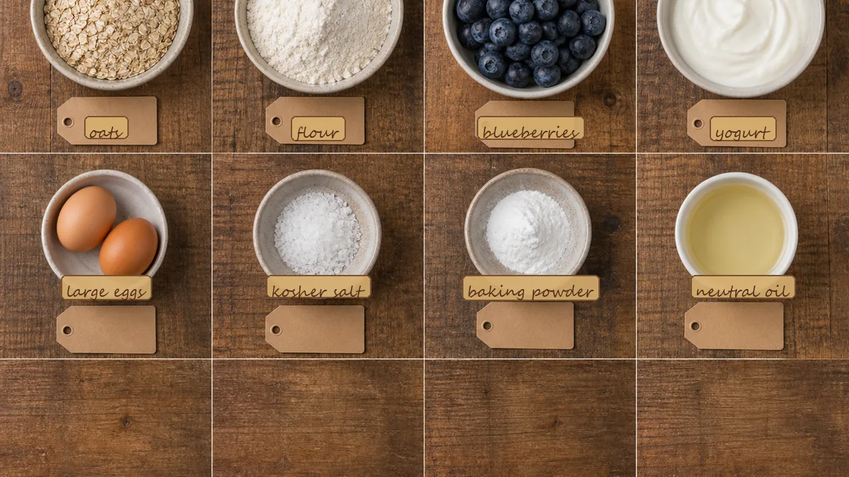 All ingredients for Blueberry Oatmeal Snack Cakes, labeled