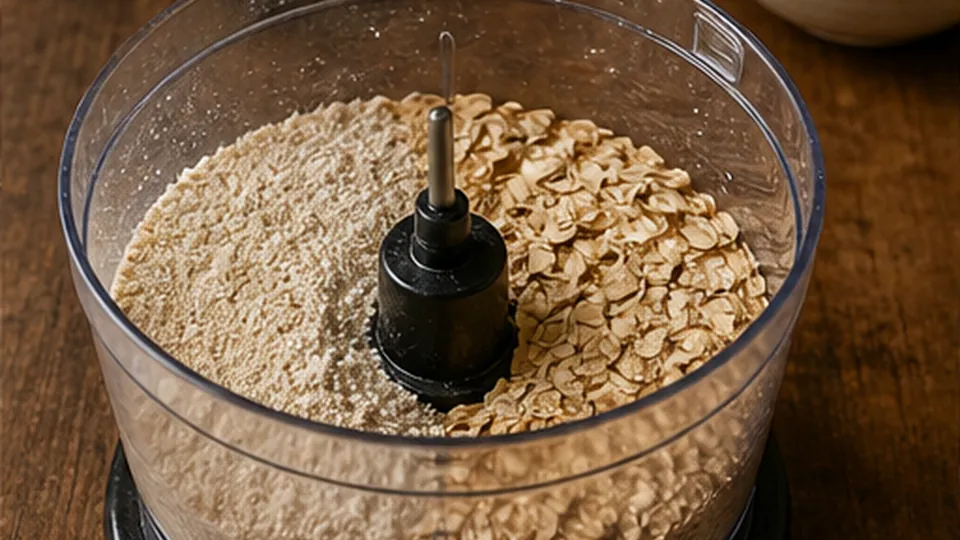 Grind half the oats for Blueberry Oatmeal Snack Cakes