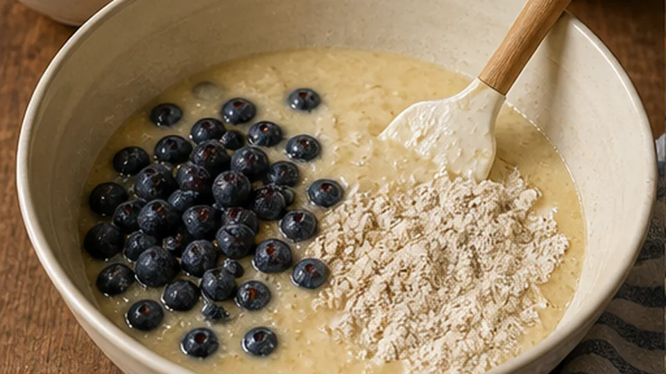 Combine wet and fold berries for Blueberry Oatmeal Snack Cakes
