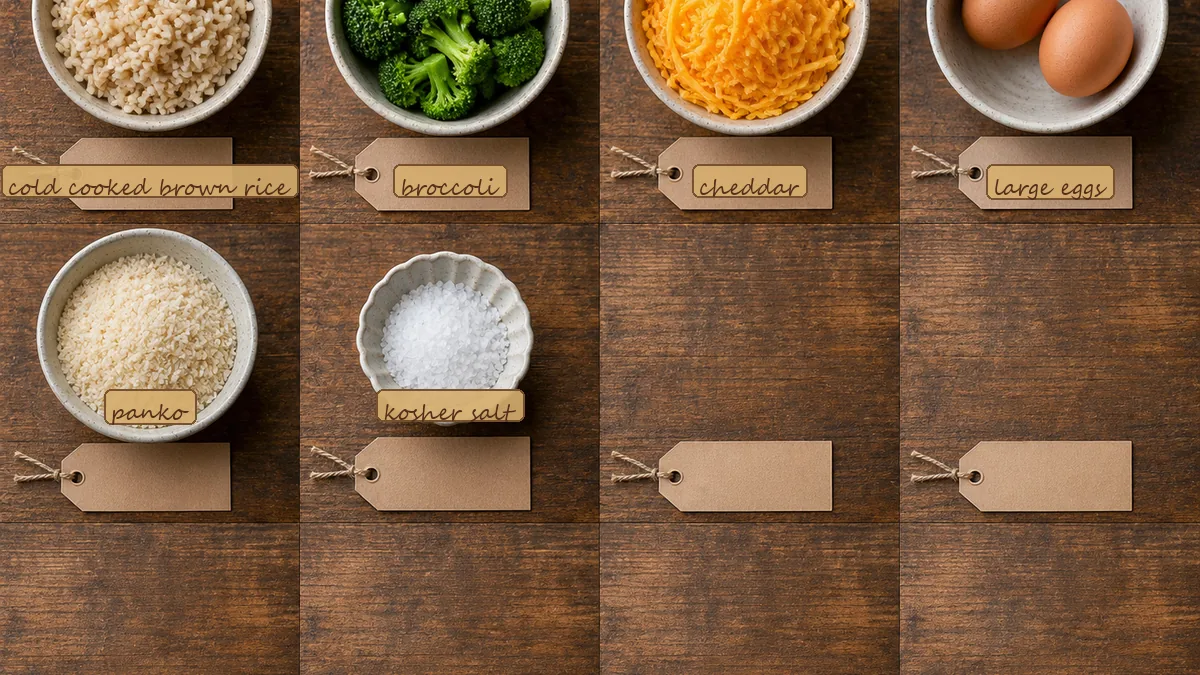 All ingredients for Broccoli Cheddar Rice Lunchbox Balls, labeled