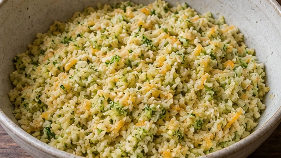 Fold the rice mixture for Broccoli Cheddar Rice Lunchbox Balls
