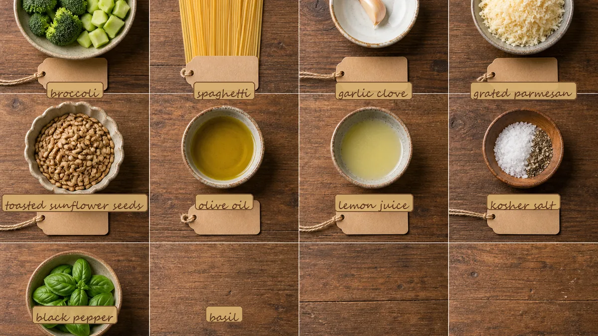 All ingredients for Broccoli Pesto Pasta, labeled