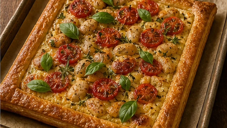Finish with oil and basil for Butter Bean Tomato Puff Pastry Tart