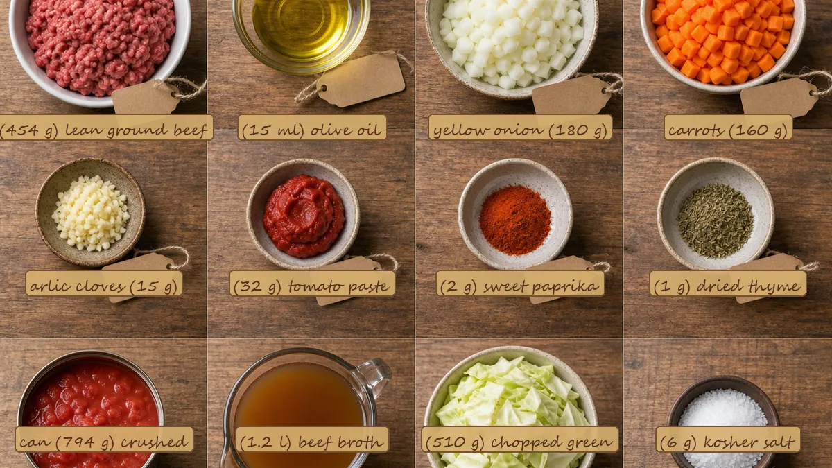 All ingredients for Cabbage Roll Soup with Beef and Rice, labeled