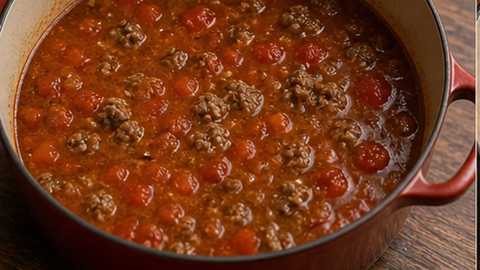 Simmer the tomato broth for Cabbage Roll Soup with Beef and Rice