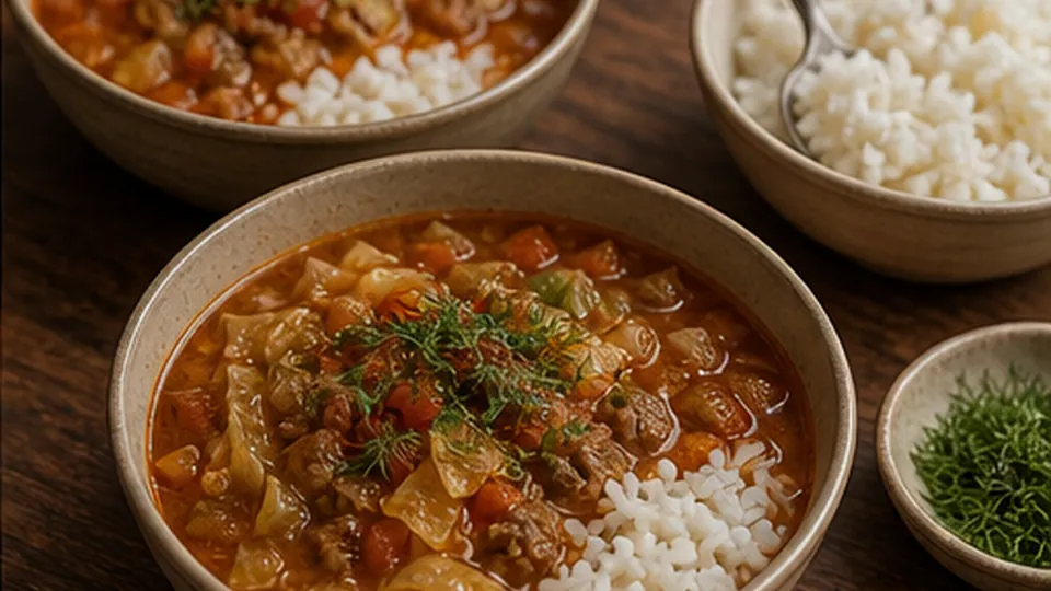 Spoon over rice and dill for Cabbage Roll Soup with Beef and Rice