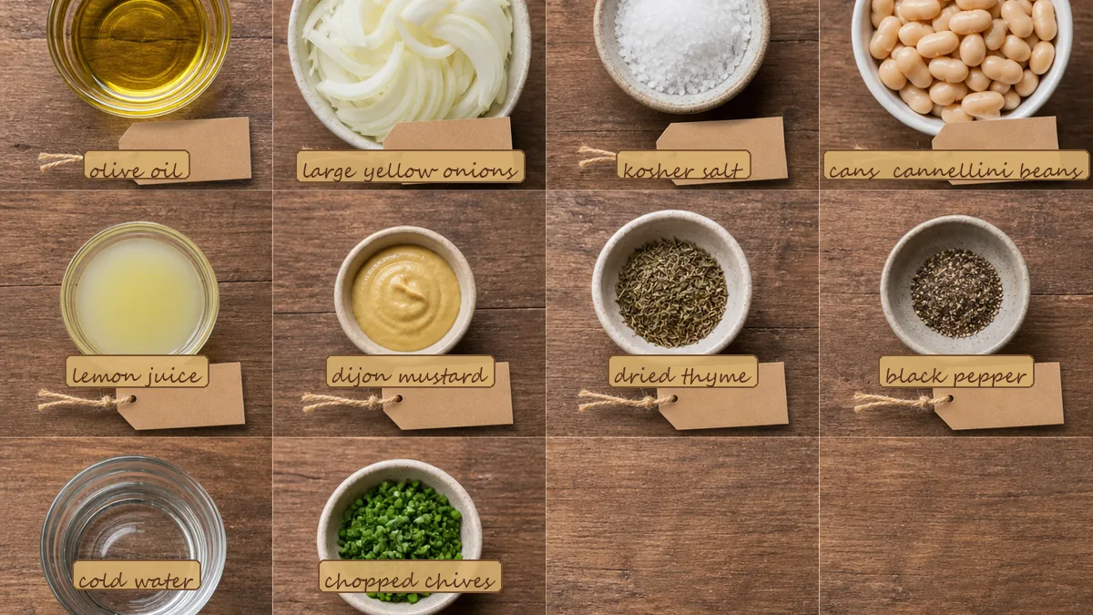 All ingredients for Caramelized Onion White Bean Dip, labeled
