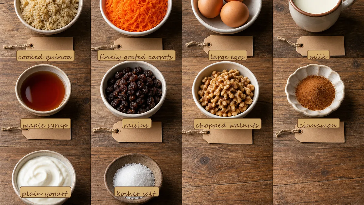 All ingredients for Carrot Cake Quinoa Breakfast Bake, labeled