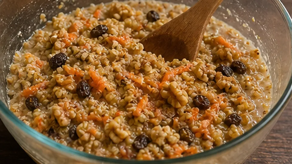 Fold in grains and fruit for Carrot Cake Quinoa Breakfast Bake