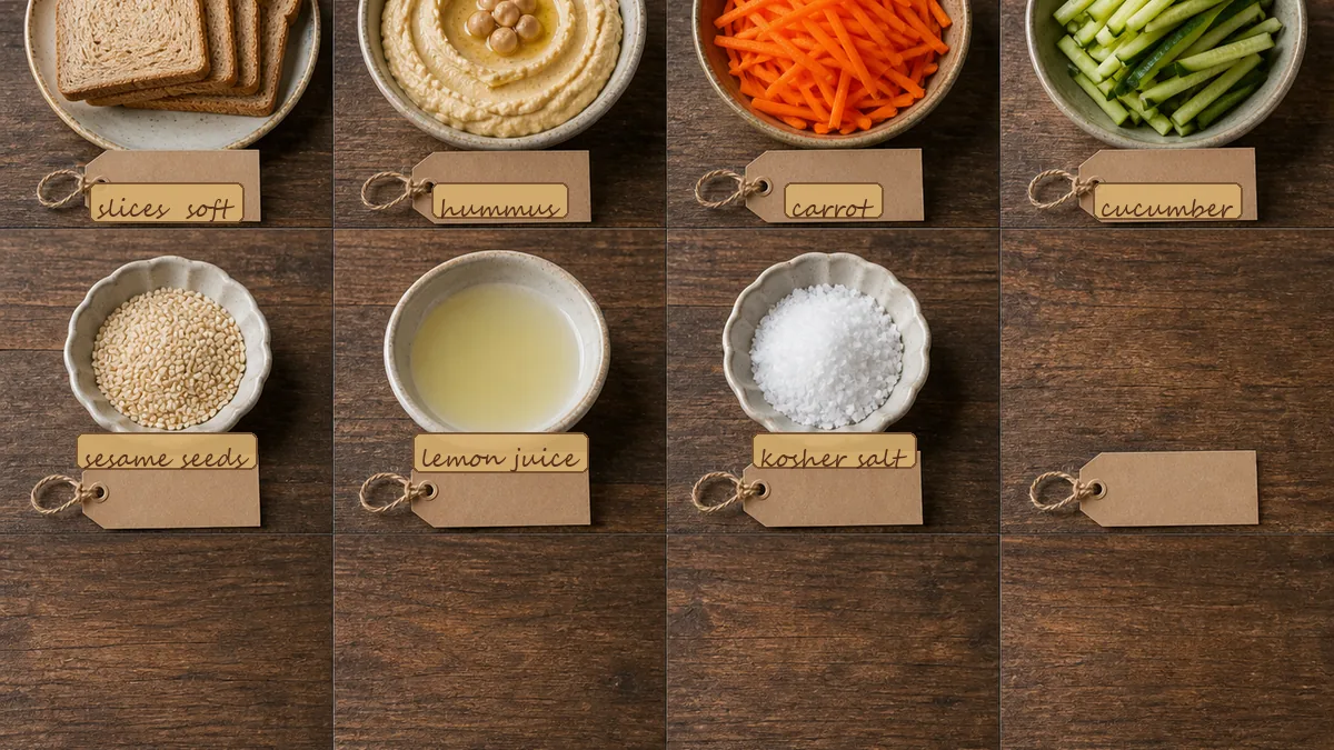 All ingredients for Carrot Hummus Sushi Sandwich Rolls, labeled