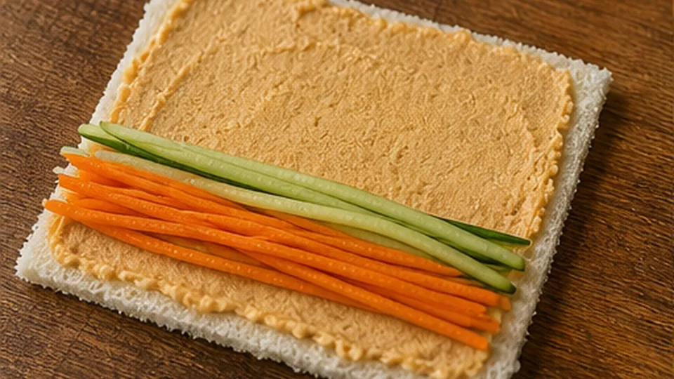 Lay the vegetable batons for Carrot Hummus Sushi Sandwich Rolls